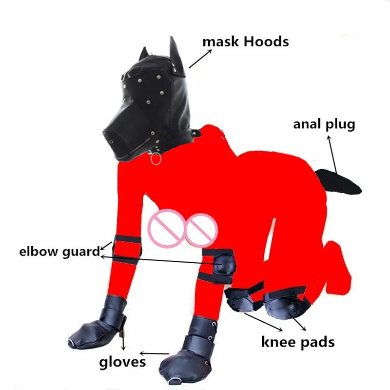 BDSM-Dog-Slave-Adult-Games-Mask-Hood-Bondage-Gloves-Elbow-Pads-Knee-Pads-Metal-Anal-Plug