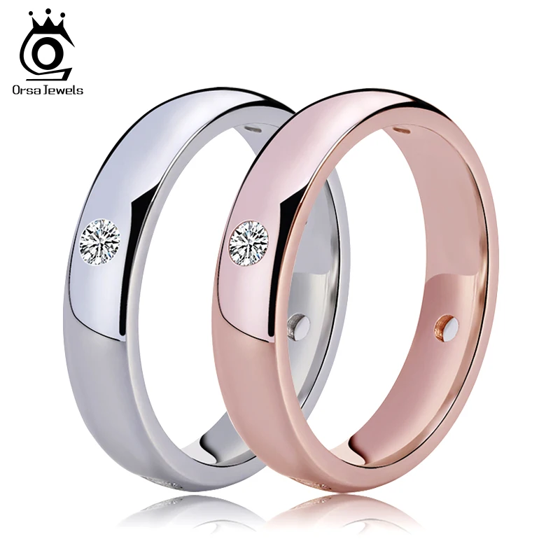 

ORSA JEWELS Rose Gold Color&Silver Color Wedding Bands with 4 Pieces Clear CZ Bezel Setting Lover's Ring Wholesale Rings OR61