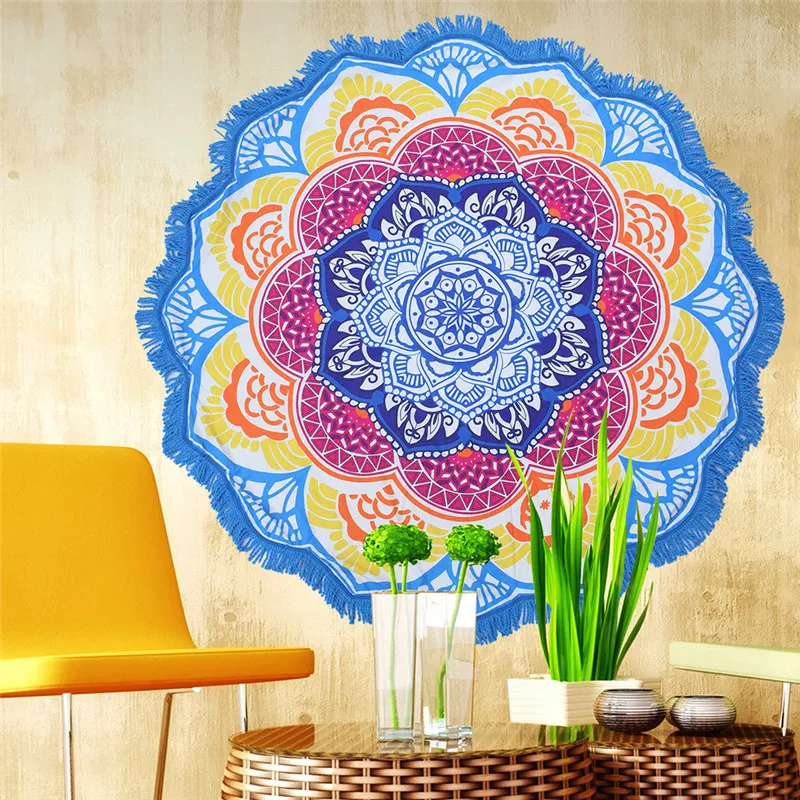 

Summer Bohemia Lotus Flower Mandala Beach Towel Tassels Wall Tapestry Picnic Roundies 58" Yoga Mat Festival Home Decor