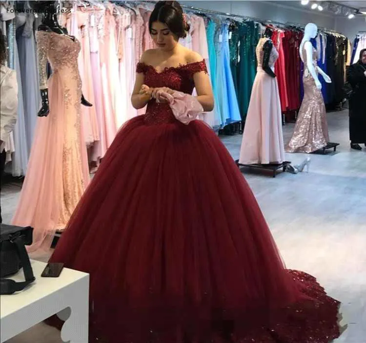Burgundy Off The Shoulder Quinceanera Dresses Ball Gown Capped Sleeves Princess Saudi Cheap Prom Evening Gowns Custom Made BC1649  166 (2)