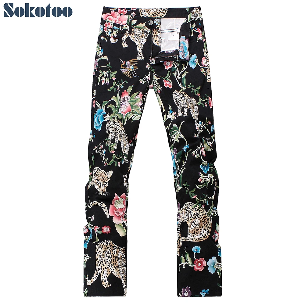 

Sokotoo Men's fashion leopard flower printed jeans Slim fit black lightweight denim pants