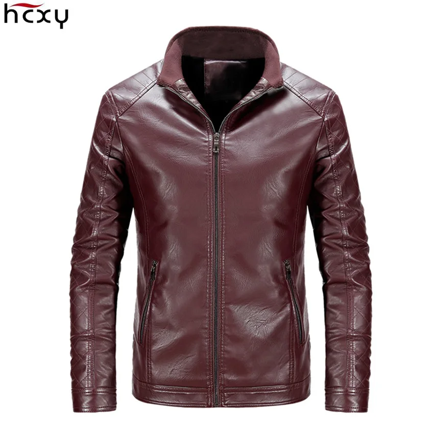 

HCXY 2019 Autumn Winter Men's Faux Leather Jackets Coats Men Motorcycle Jacket Short version Standing collar Thick Warm clothes