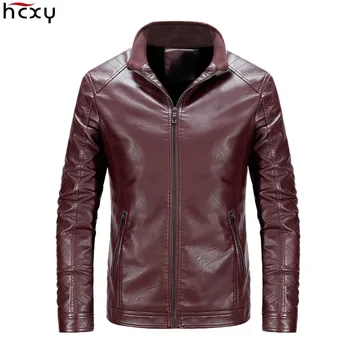 

HCXY 2019 Autumn Winter Men's Faux Leather Jackets Coats Men Motorcycle Jacket Short version Standing collar Thick Warm clothes