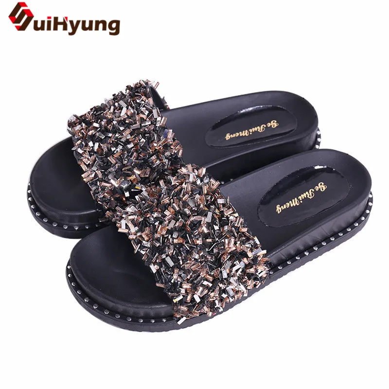 

Suihyung Women Slippers Summer Shoes Fashion Beaded Flat Platform Beach Slippers Ladies Outside Casual Slides Rhinestone Sandals