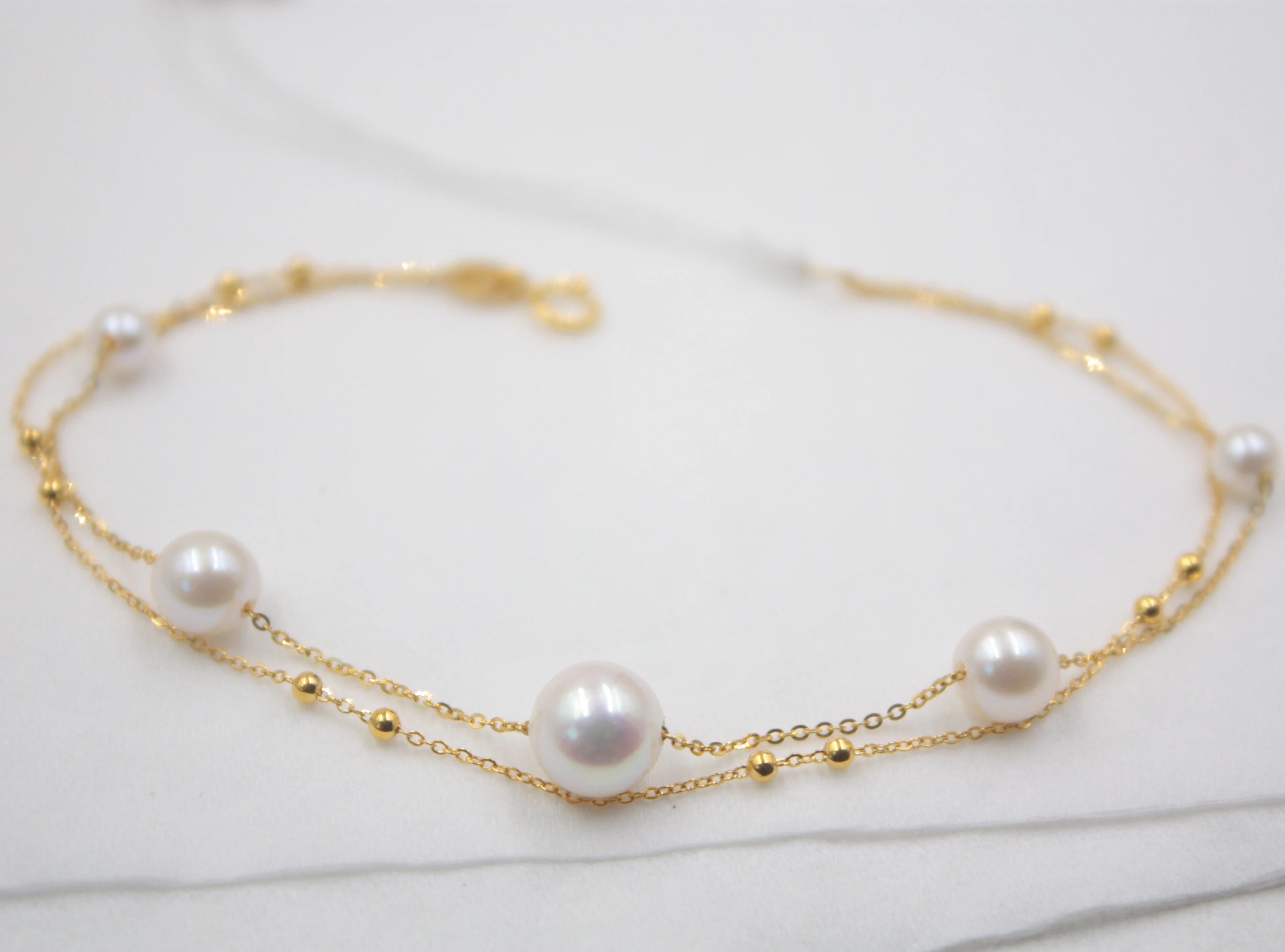 

Au750 18K Yellow Gold Bracelet Woman's Natural Akoya Pearls Bead O Link Chain Bracelet