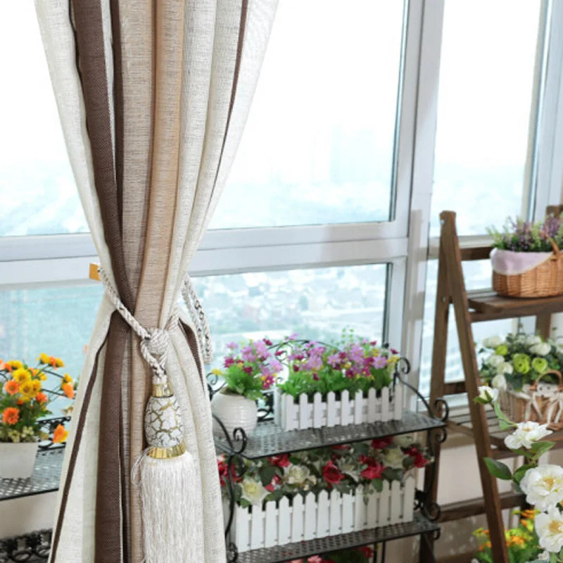 Kopen Moderne Korte All Match Vlas Gordijnen Stof Venster Voor Gestreepte Koffie Luxe Tulle Decoratieve Gordijnen Voor Woonkamer AP222   20