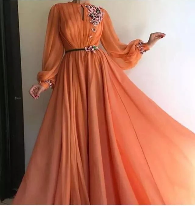 Новое поступление шифоновое вечернее платье с длинным рукавом es abiye elbise оранжевое мусульманское вечернее платье дешевое вечернее платье - Цвет: Оранжевый