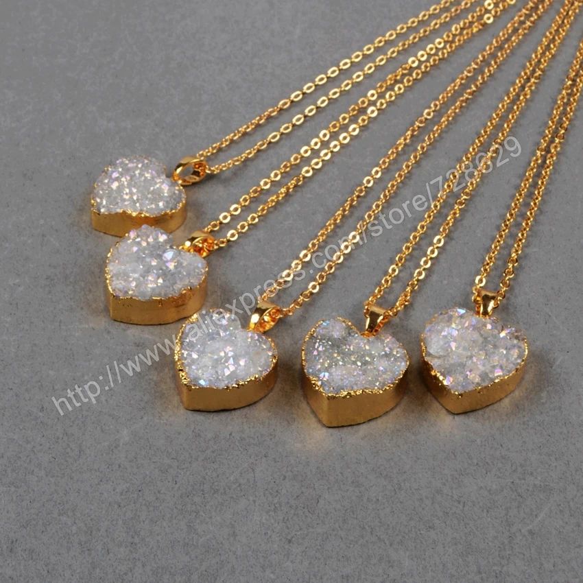 

BOROSA 10Pcs/lot New Arrival Fashion Gold Color Heart Natural Crystal Titanium AB Druzy Pendant Beads G0389
