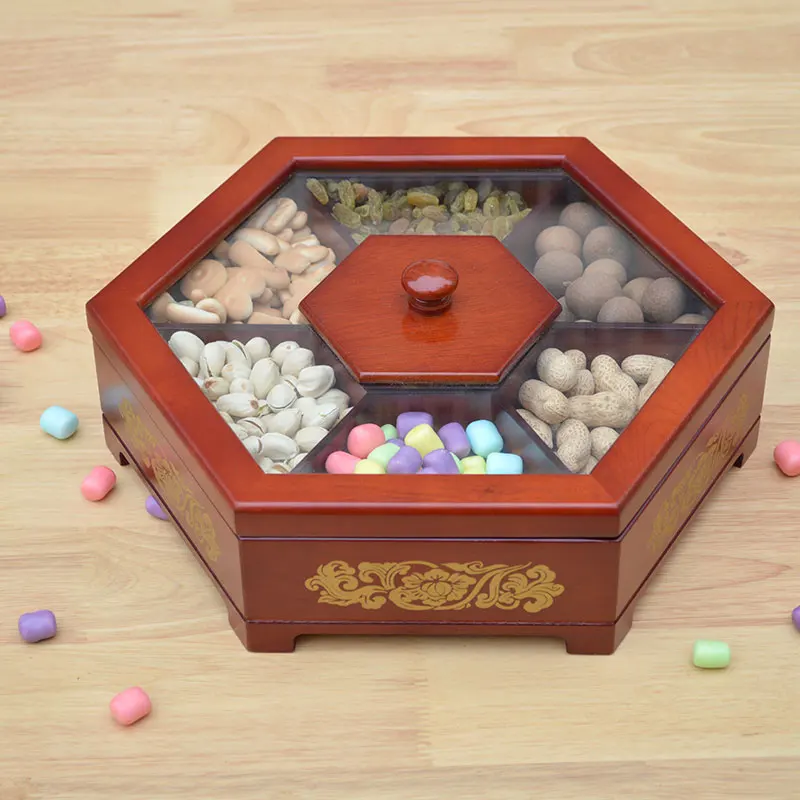 

Chinese Style Fruit Plate Solid Wooden Fruit Box Candy Box Nut Box Household Compartments with Lid Snack Seeds Storage Box