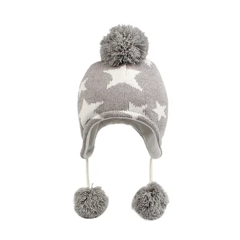 

Star Fashion Children Hat Winter Warm Knit Children Beanie Ear Protect Kids Hat With Pompom Star Pattern Baby Girls Beanie Hat