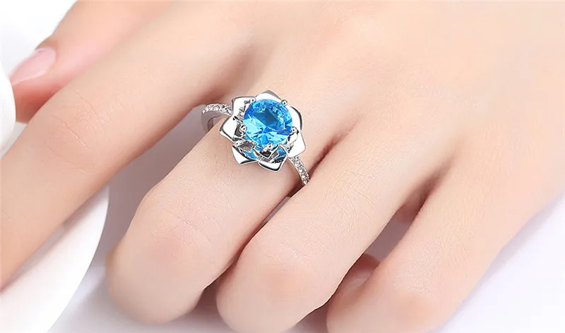 Elegant Sun Flower Round Ring Blue CZ Finger Rings Silver Color For Women Wedding Jewelry Anel Bijoux Bague Anillos Gift R501 (7)