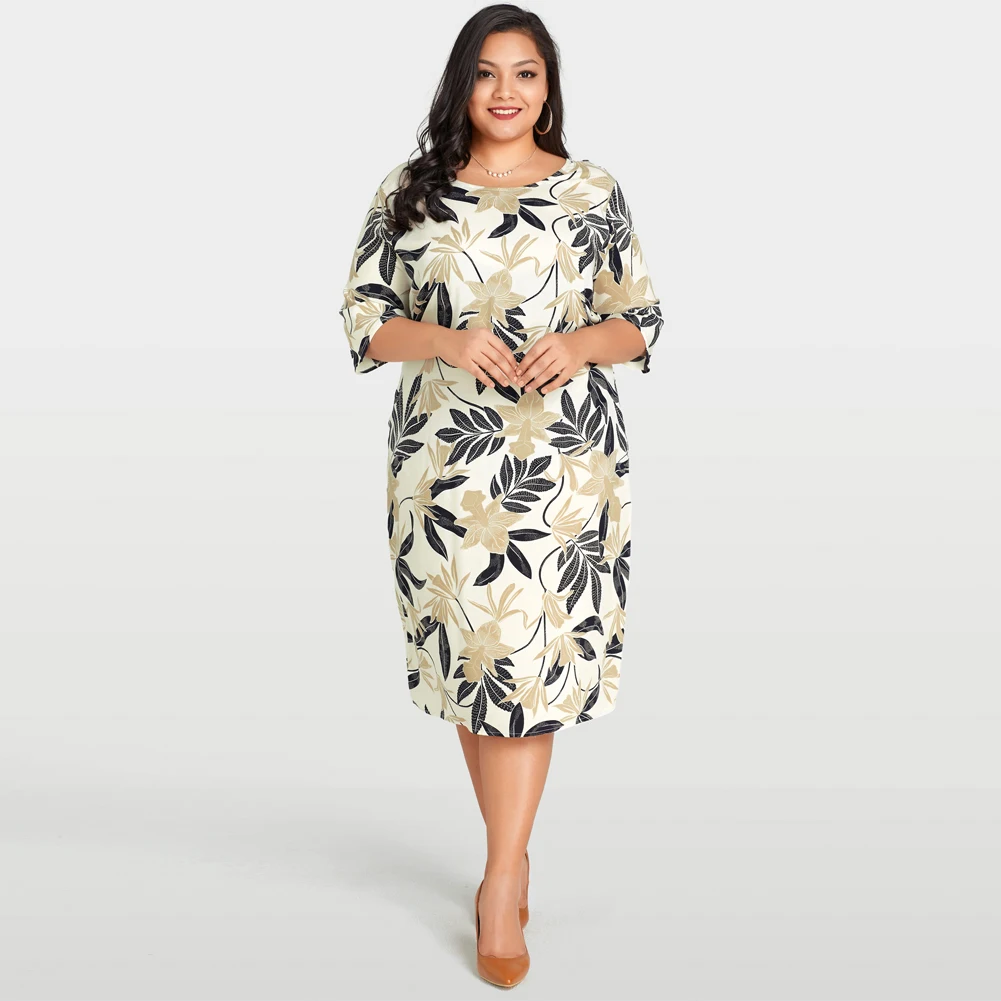 

Women Plus Size Long Dress Ladies Leaves Floral Print Half Sleeve vestidos Female Casual Loose Large Size 3XL Lady Dress Beige