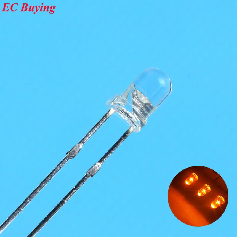 

3mm Orange LED Round Light Emitting Diode Transparent Ultra Bright Lamp Bead Plug-in DIY Kit Practice Wide Angle DIP 100 pcs/lot
