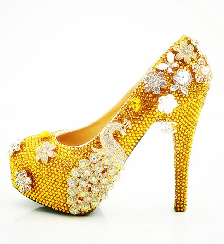 

GOLD crystal wedding shoes woman platforms super high heels diamond flowers luxury party dinner dress pumps shoes womens HS155