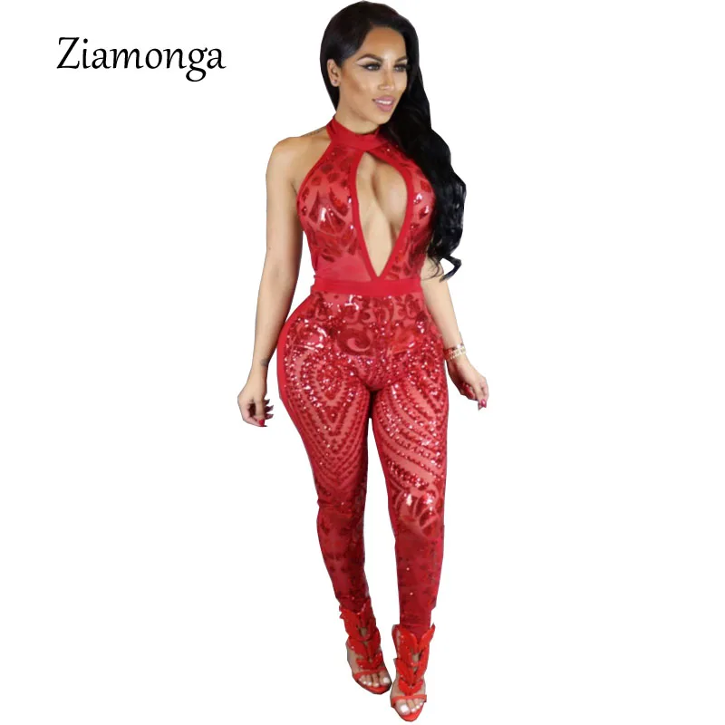 

Ziamonga Sleeveless Halter Sequined Summer Jumpsuit Romper Mesh Sexy Party Bodycon Overalls Women Clubwear Long Pants Playsuit