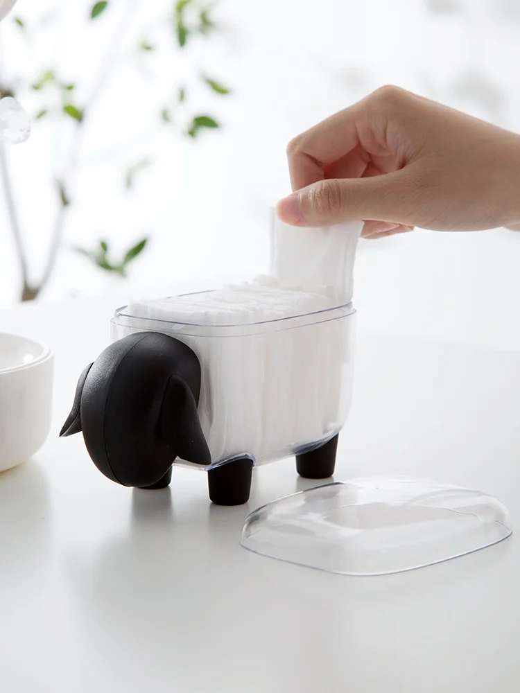 

Sheep Cotton Swab Box Desktop PP Storage Box with Cover for Cosmetic Products Creative Home Decoration White/Black