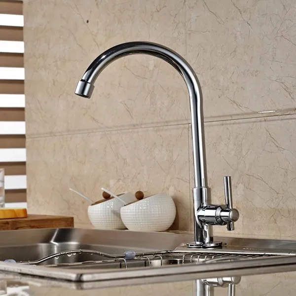 Polished Chrome Brass Cold Water Kitchen Faucet Swivel Spout Single Handle Hole Deck Mounted Tap