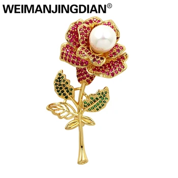 

WEIMANJINGDIAN Brand Beautiful Fuchsia Cubic Zirconia CZ Crystal Rose Flower Brooches for Women in Gold Color Plating