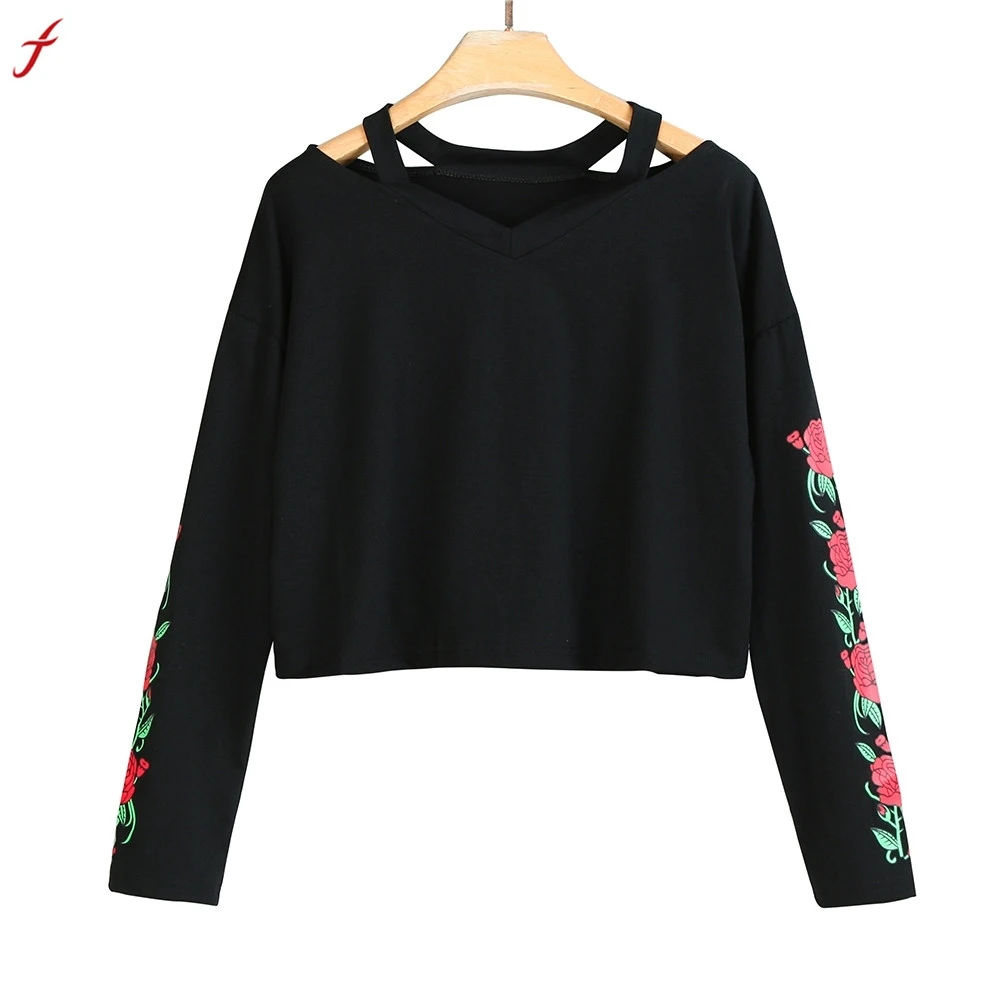 

FEITONG Rose Flower printed Patch Grommet Lace Up Sweatshirt 2018 Autumn Round Neck Pullovers black Long Sleeve Sweatshirt *15