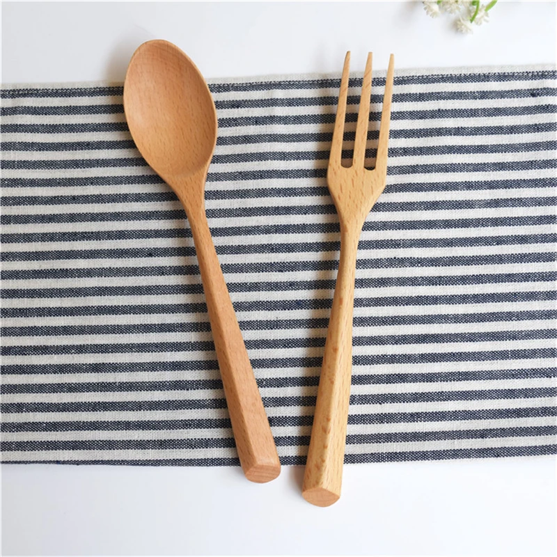 

2PCS/set Simple Wooden Spoon Fork Dinnerware Set Coffee Dessert Cake Teaspoons Tableware B
