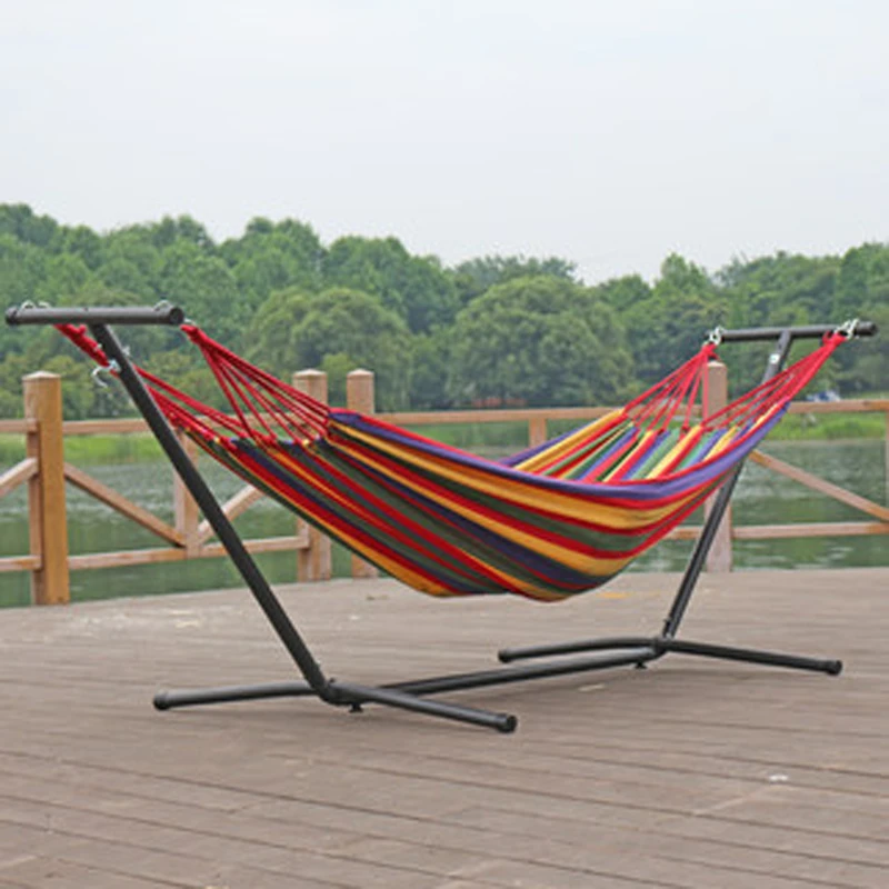 De moda de cabeza doble hamaca + desmontable soporte de marco de hierro  prórroga prevención balcón Park colgante silla 2*1,5 m Swing cama nueva| Hamacas| - AliExpress