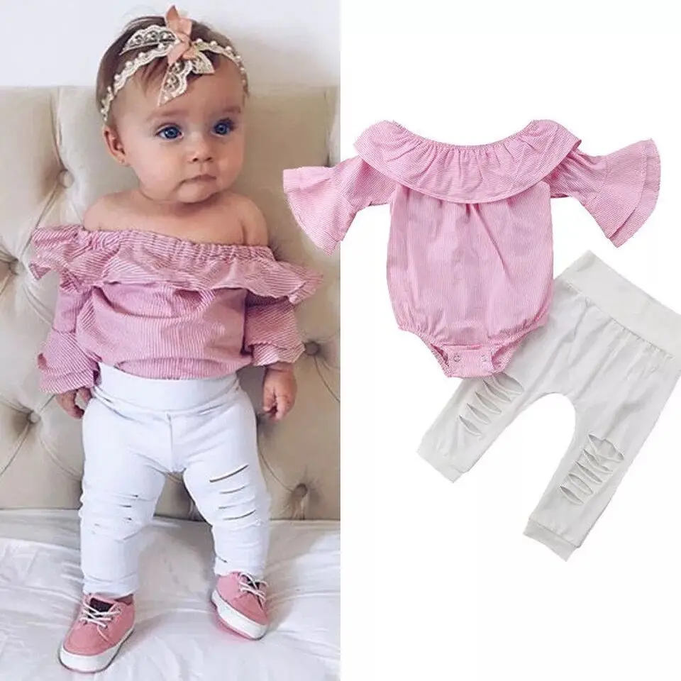 Одежда для новорожденных детская одежда для девочек; розовое платье в полоску топы, комбинация+ белый Штаны 2 шт./компл. для детей ясельного возраста комплект одежды наряды