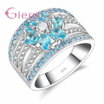 

Charming Cute Blue Crystal Flower Shape Ring Plant Anniversary Courtship Jewelry For Beloved Women 925 Sterling Silver