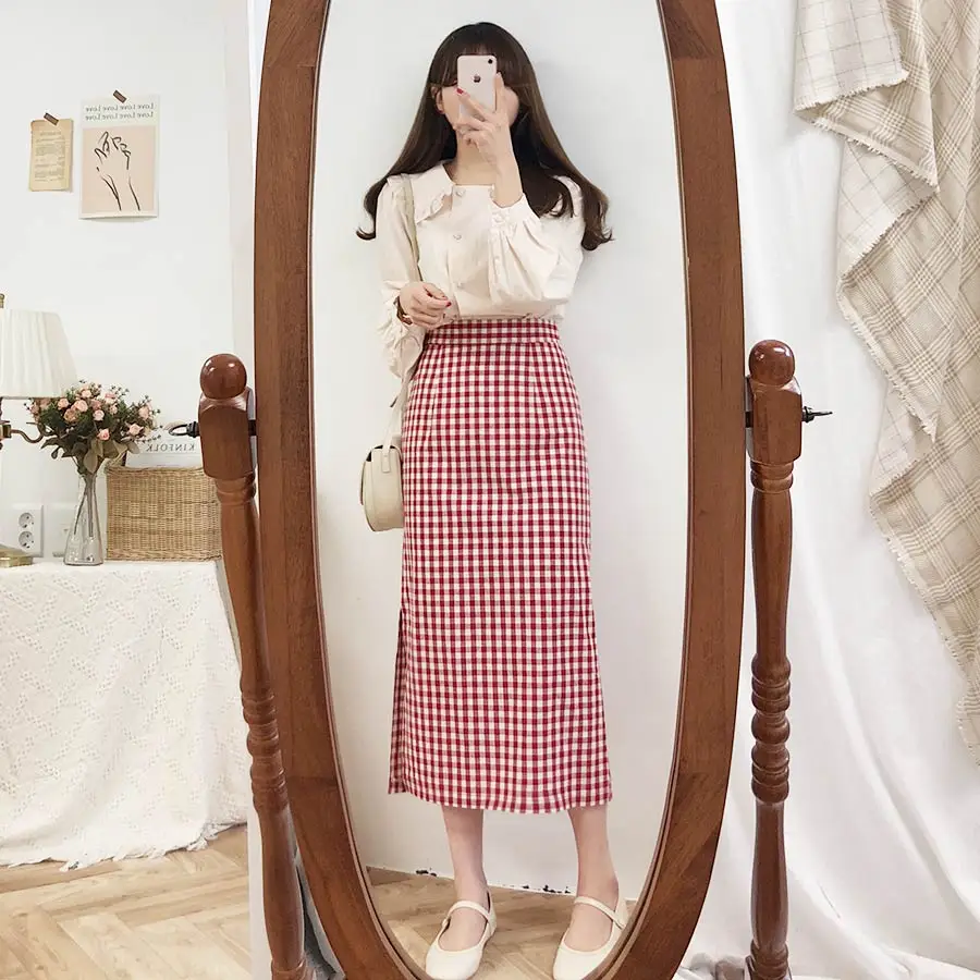 Темперамент милые юбки женщина Корея Япония консервативный стиль девушки черный красный плед решетки сторона сплит высокая талия юбка длинная винтажная