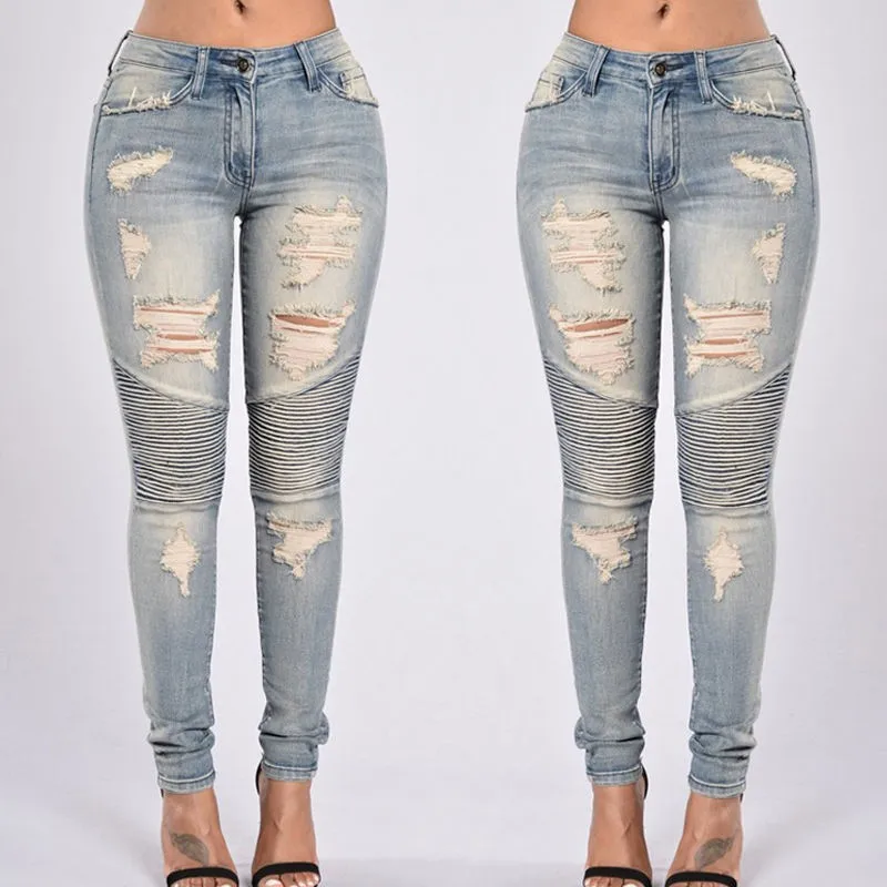 2017 Brand New Female Fashion Ripped Broken Hole Denim Pencil Pants