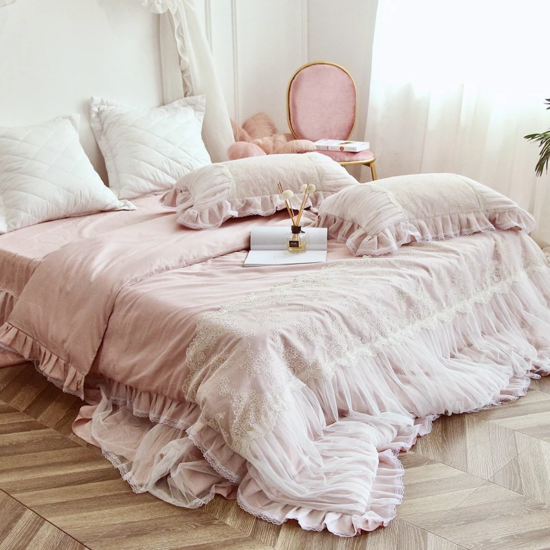 US $126.78 PinkwhiteWathet luxury Lace Embroidery Egyptian cotton Bedding Set Duvet Cover Bed Linen Bed sheet Bed Skirt Pillowcases 4pcs