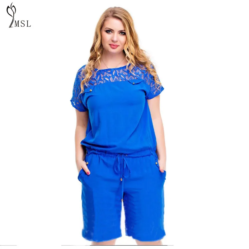 Womens Lace Crochet Patchwork Playsuits Plus Size Solid Drawstring