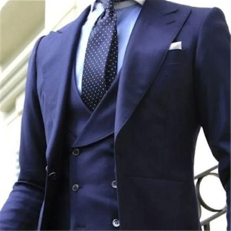 Navy Blue Long Coat Wedding Men Suit 3Pieces(Jacket+Pant+Vest+Tie) Slim ...