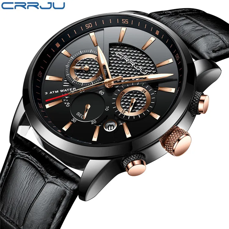 CRRJU Luxury Leather Wrist Watch Men Casual Chronograph Quartz Waterproof Watches Mens Top Brand Wristwatch Man Clock - Цвет: 2212-black gold