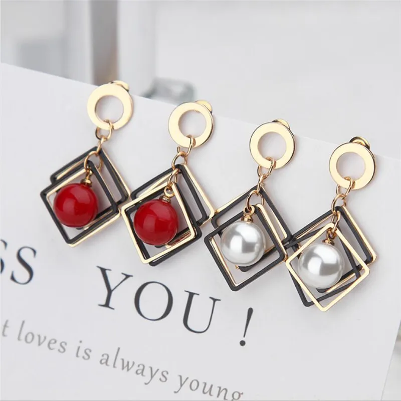 

Korean version of simple atmospheric geometric ear nails with multi-layer hollow red beads female earings for bride gift