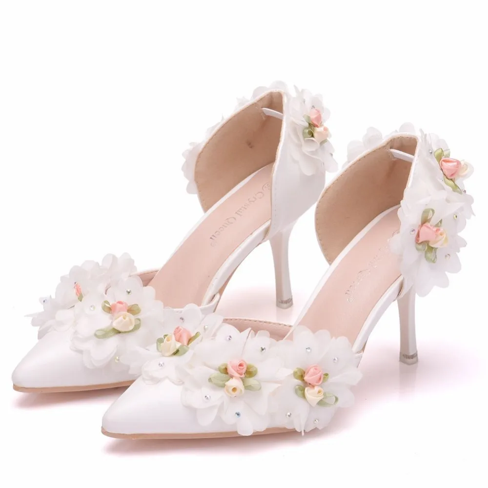 

Pointed stiletto white flowers wedding shoes large size womens shoes hollow single shoes temperament elegant banquet high heels