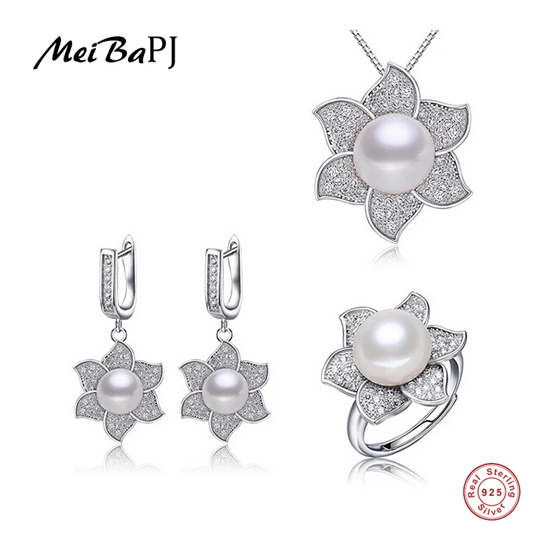 

MeiBaPJ Large Pearl Jewelry Sets 925 Silver Bridal Flower Wedding Jewelry Set 4 Colors High Quality Fine Jewelry For Women
