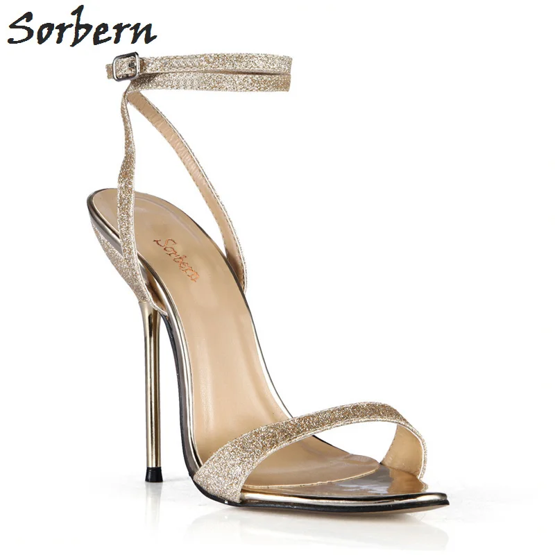 

Sorbern Gold Glitter Ankle Strap Women Sandals Metal High Heels Open Toe Stilettos Sexy Evening Party Shoes Ladies 2018 New