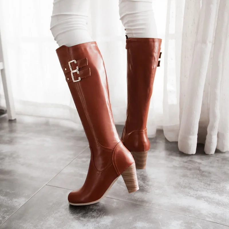 

Women Square Heels Knee High Boot Warm Long Boots Riding Buckle Botas Mujer Quality Footwear C046