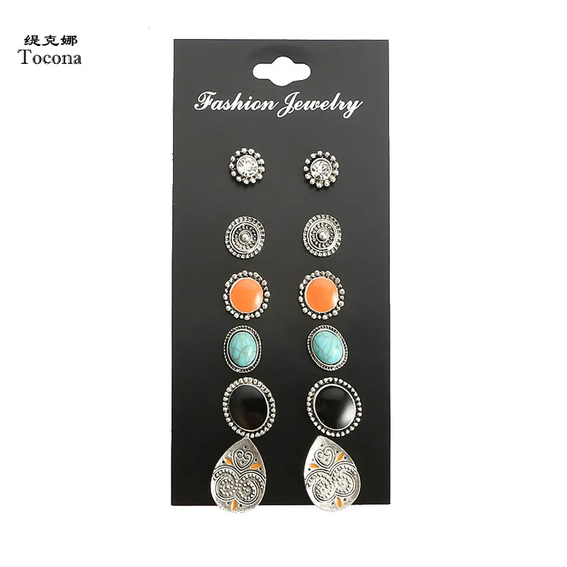 

Tocona 6Pair/Set Trendy Geometric Crystal Resin Alloy Stud Earrings Set for Women Bijoux Jewelry Piercing Earrings Brincos 3981