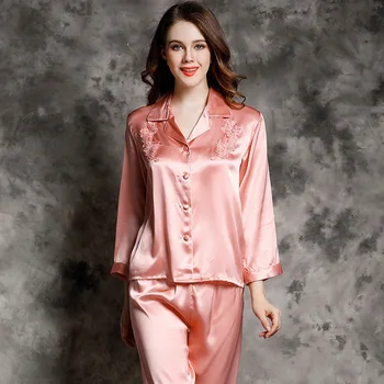 

CEARPION Pajama Set Women 100% Silk Sleepwear Elegant Embroidery Pajamas Suit 2Pcs Shirt & Pants Nightgown Female Night Wear