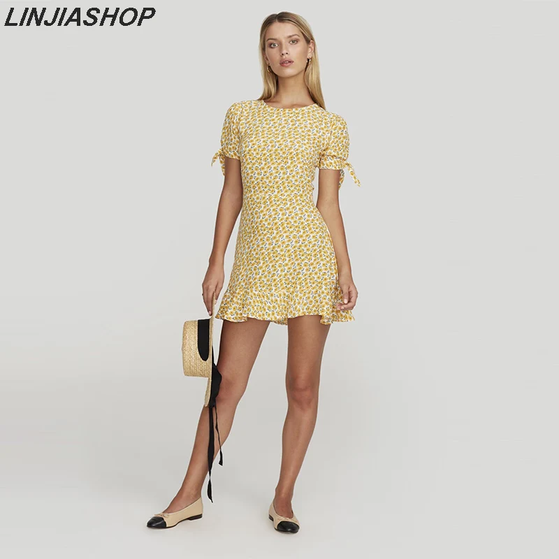 

Elegant linen yellow summer short print dress women zipper lining ruffles o neck A line short high waist slim mini dress festa