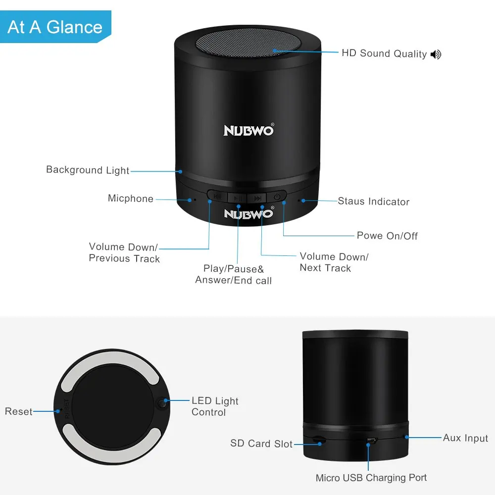NUBWO Bluetooth динамик, беспроводной портативный динамик, открытый мини беспроводной динамик с многофункциональным стерео, встроенный микрофон