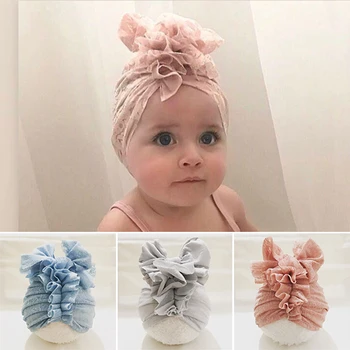 

New Spring Summer Baby Headband For Girls Lace Folds Flowers Bow Turban Hats Cute Infant Newborn Hair Bands Baby Caps