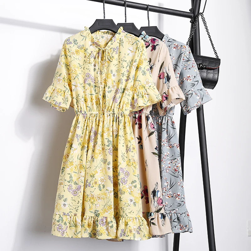 2018送料無料新ファッション花柄シフォンサマードレス甘い薄いスリム女性のワークウェアプリントドレスカジュアルかわいいホット