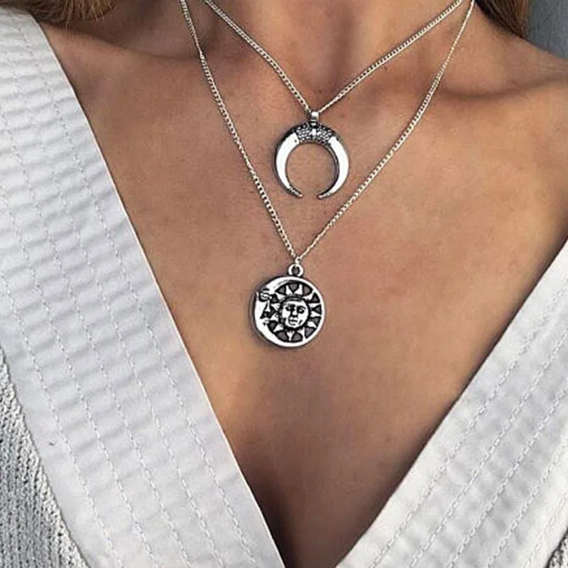 

TTMM Jewrly Boho Trend Double layer Moon Sun Pendant necklace For women Girl Gift N316