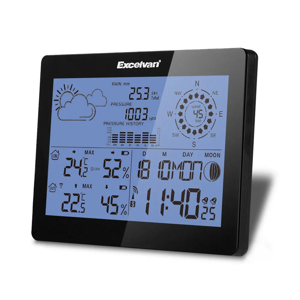 

EXCELVAN Wireless Weather Station With Forecast Temperature Wind Speed & Rain Humidity Barometer Moon Phase Alarm Clock