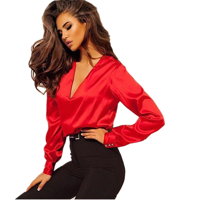 LOSSKY Solid Autumn Blouse 2019 Casual Deep V-Neck Elegant Office Long-sleeved Loose Lady Shirts Women