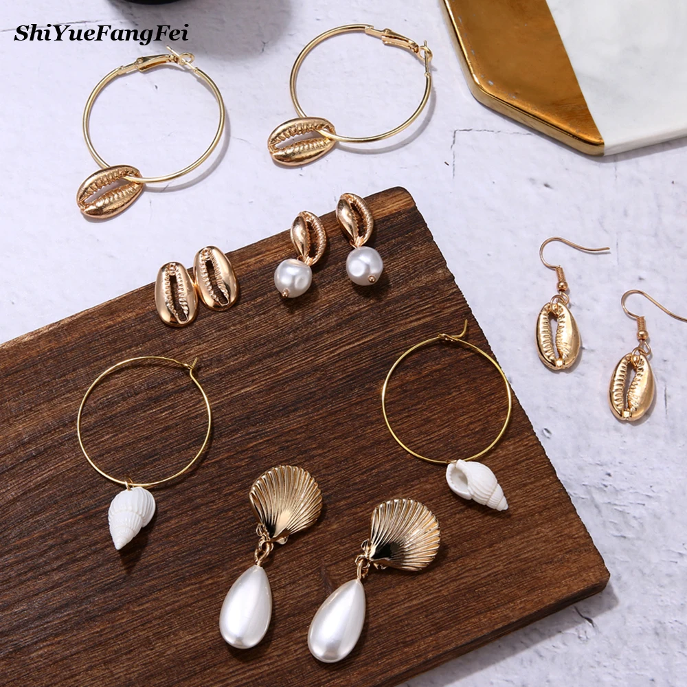

13 Style Sea Shell Earrings For Women Gold Silver Color Metal Shell Cowrie Statement Earrings 2019 Summer Beach Jewelry