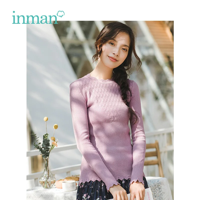 

INMAN Autumn New Arrival Female Wave side Stripe Jacquard Hollow Fit Women Pullover Sweater