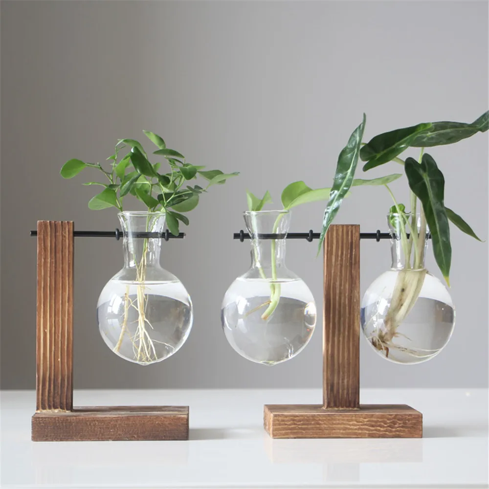 Glass and Wood Vase Planter Terrarium Table Desktop Hydroponics Plant Bonsai Flower Pot Hanging Pots with Wooden Tray Home Decor | Дом и сад